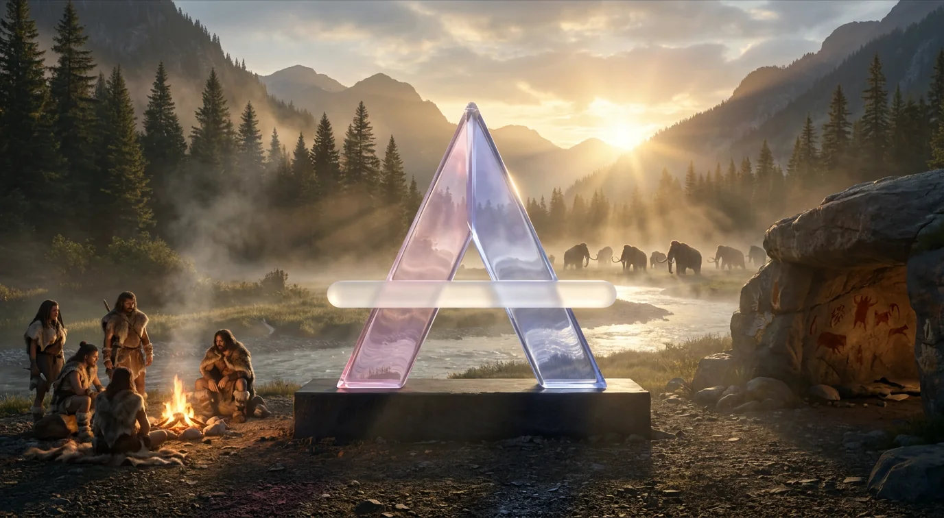 La escultura de la A en cristal en un valle prehistórico al amanecer, con cazadores junto al fuego y mamuts a lo lejos