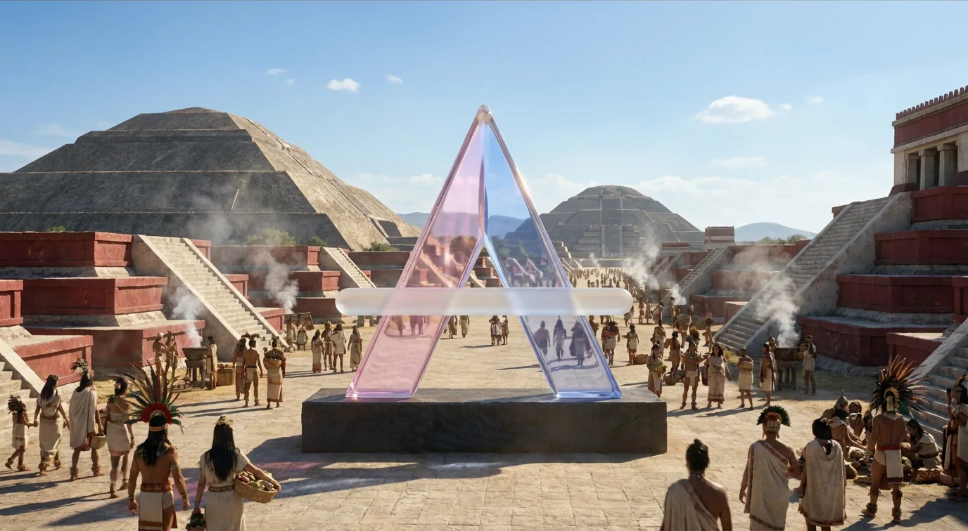 La A de cristal en la Calzada de los Muertos de Teotihuacan, entre pirámides, templos y multitudes