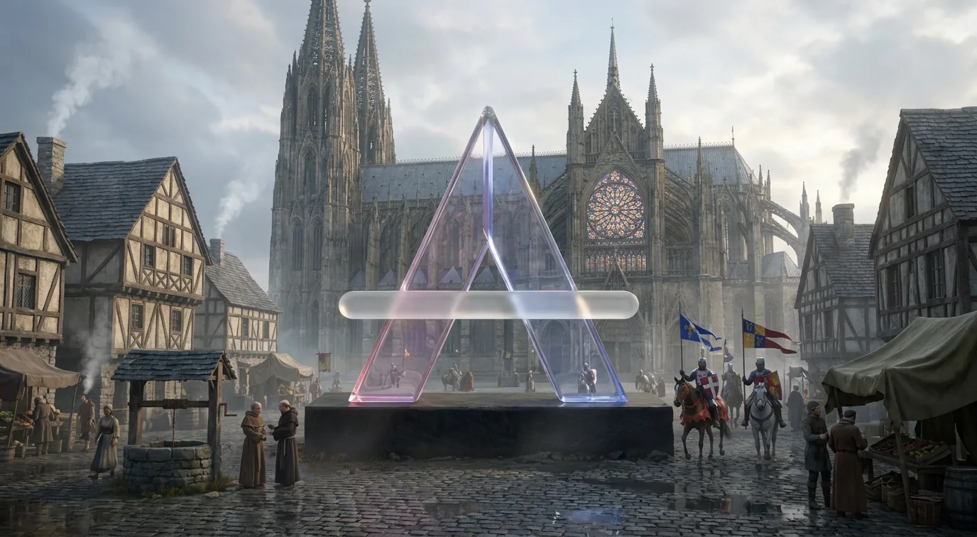 La A de cristal en una plaza medieval frente a una catedral gótica, con caballeros, monjes y mercado